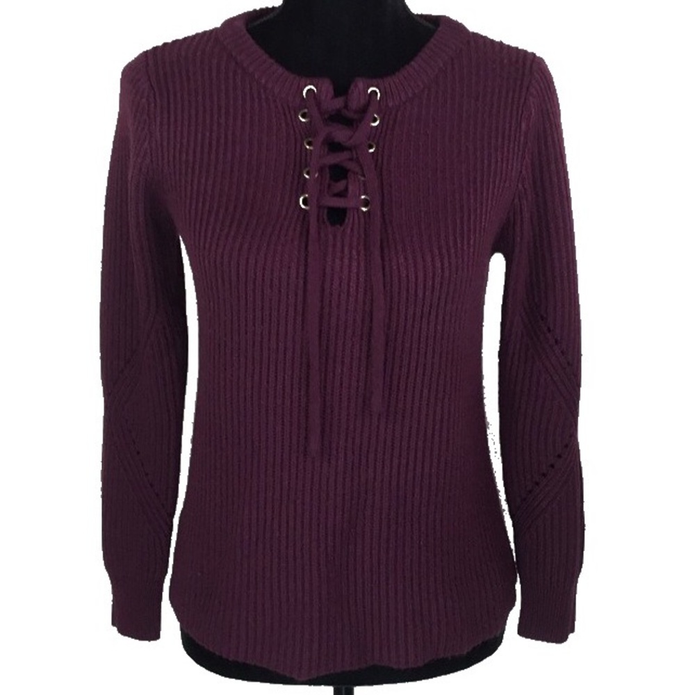 Ribbed Lace-Up Solid Burgundy Warm Cozy Top Size S